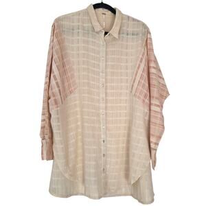 Free People Gauzy Plaid Blouse, lightweight sz Large Semi-sheer, Cotton